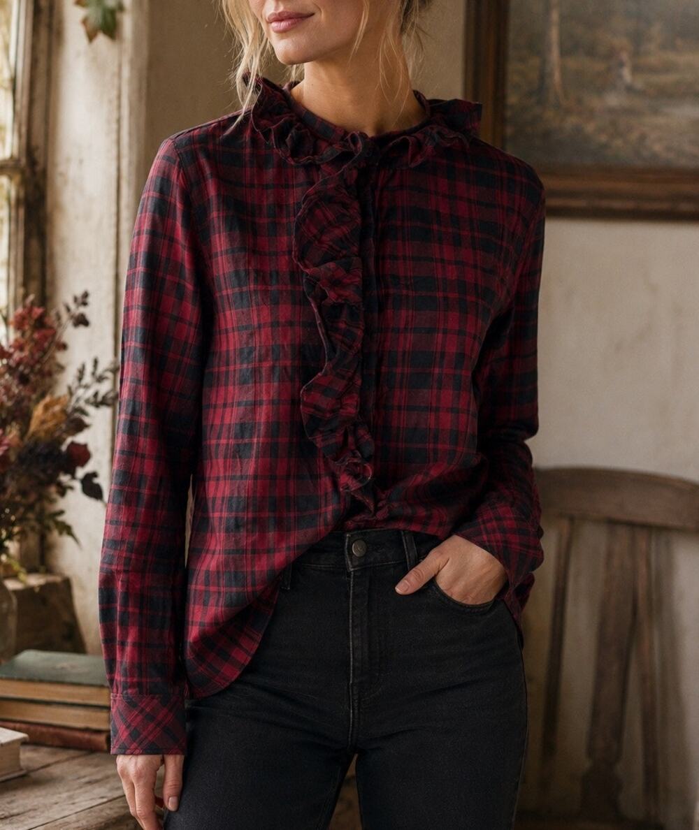 Lauren Ralph Lauren Ruffle Plaid Button Classic Blouse Red Black Petite Large PL